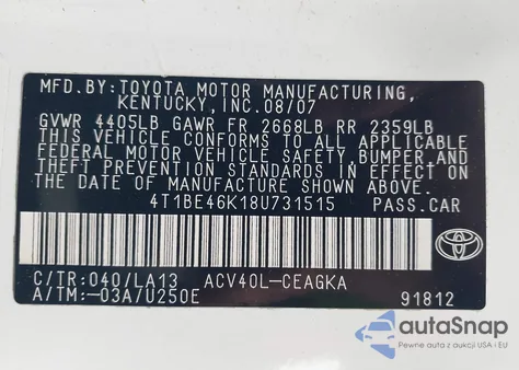 2008 Toyota Camry Xle from USA, damaged, VIN 4T1BE46K18U731515